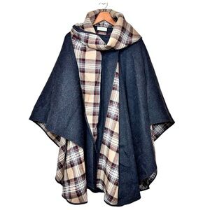 Jimmy Hourihan Wool Cape with Plaid Scarf or Hood Charcoal Grey Tan Double-faced